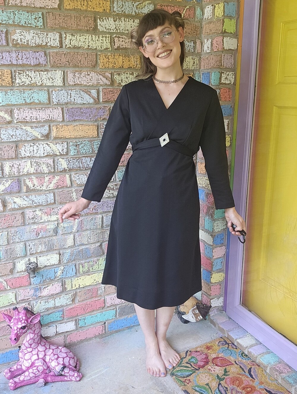 70's Vintage Flutterbye Black V Neck Midi A-line Dress